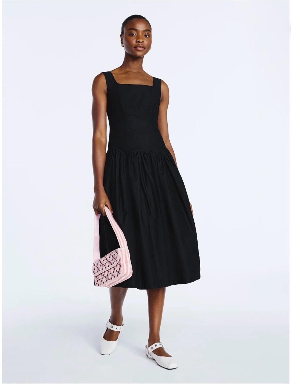 Sleeveless Black Square-Neck Midi Dress with Bow